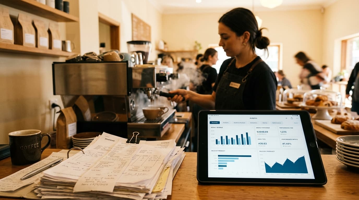 A café counter with a tablet showing data charts next to a stack of paper invoices, barista pulling espresso in the background