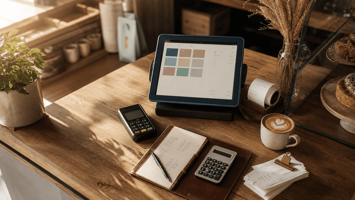An overhead view of a café counter with an EPOS tablet, card reader, receipt roll, flat white, and a notepad of handwritten figures in warm morning light.
