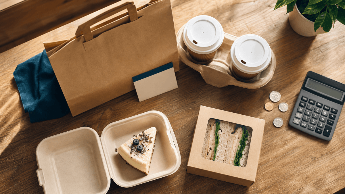 A café counter with branded takeaway bags and coffee cups ready for delivery riders, next to a calculator and a notepad showing margin maths after platform commission