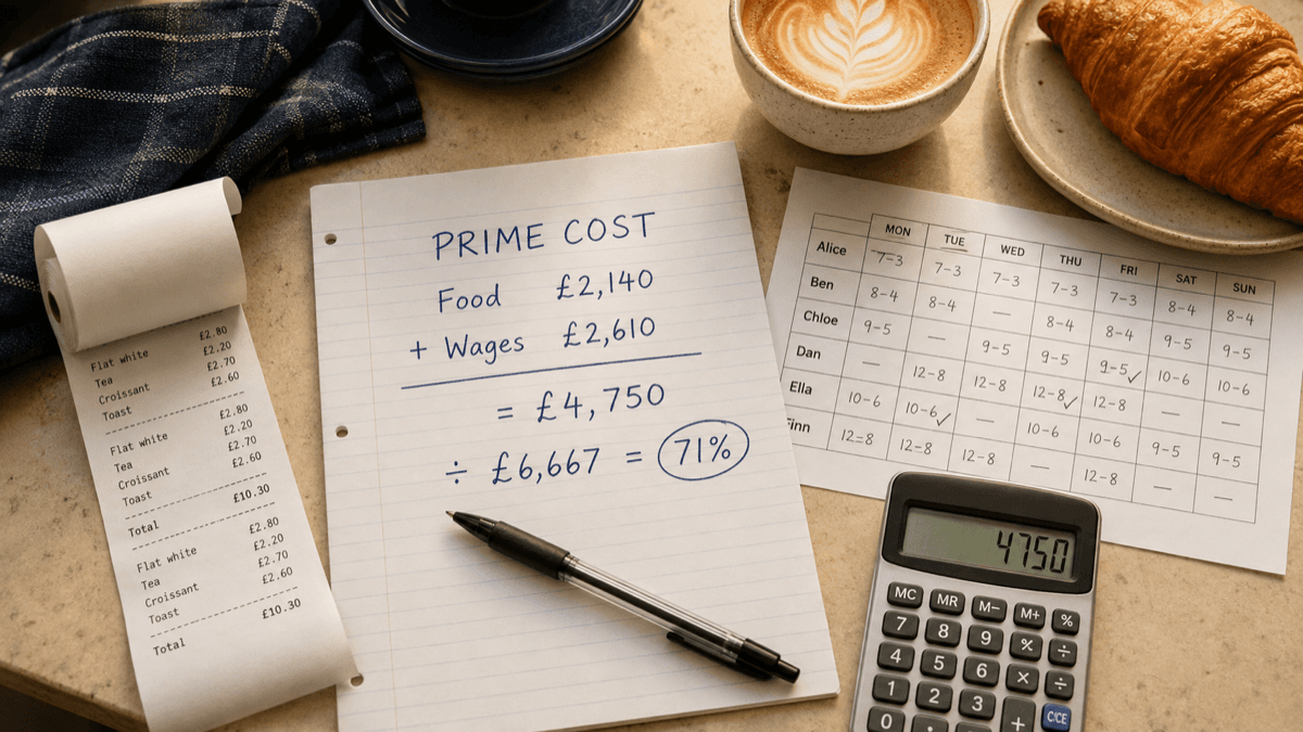 Overhead flat-lay on a café counter with a handwritten prime cost worksheet, a curled till receipt roll, a printed weekly rota grid, a calculator and a flat white in warm golden light
