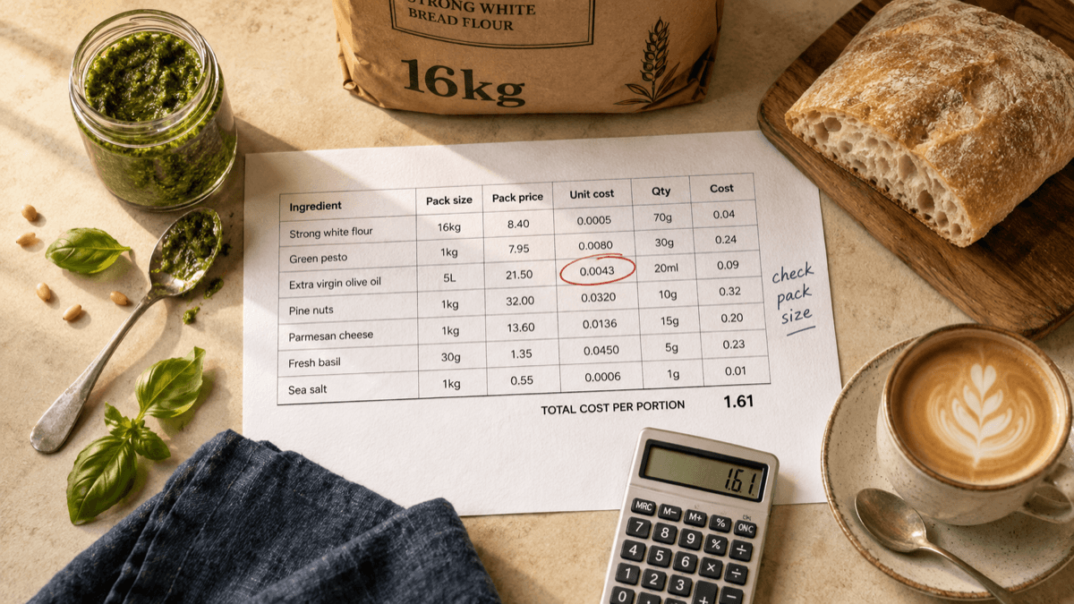 Overhead flat-lay of a printed recipe costing sheet with one cell circled in red pen, beside a brown paper sack of flour tied with string, a jar of green pesto, a ciabatta roll, a calculator and a flat white in warm golden light