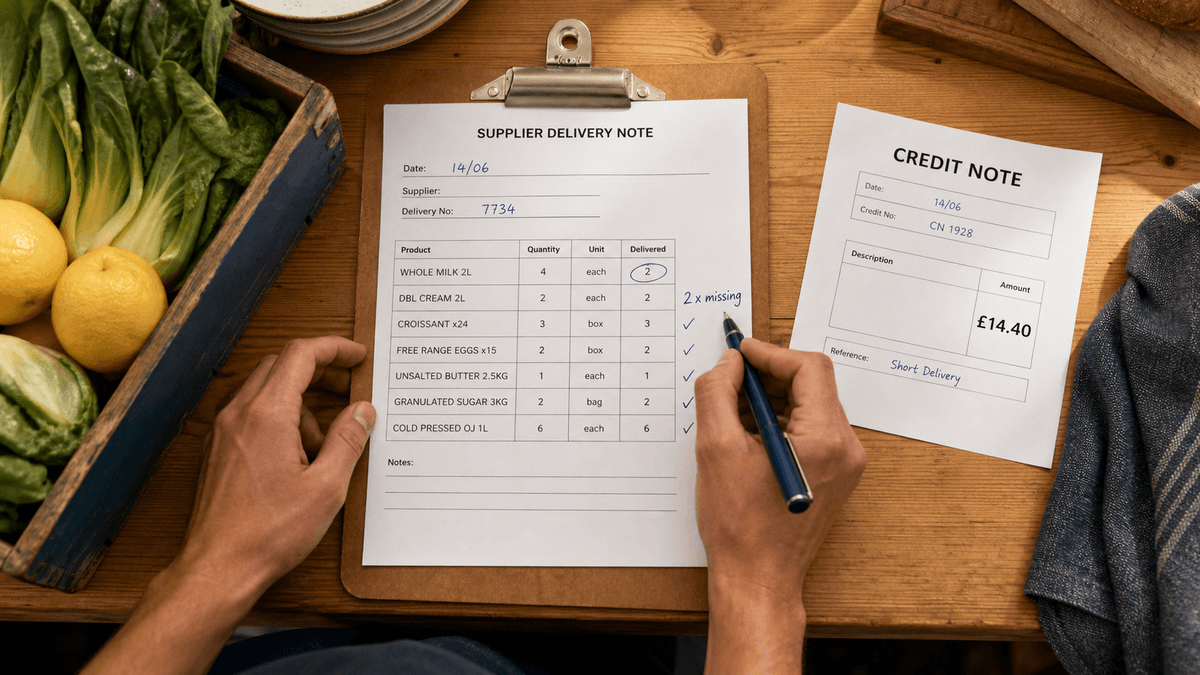 Overhead flat-lay of a clipboard holding a delivery note annotated in pen beside a printed credit note, a crate of fresh produce and a pen, in warm morning kitchen light
