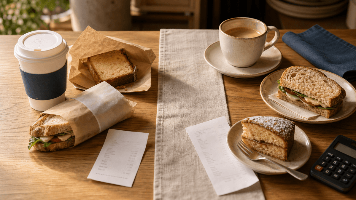 A café counter split between takeaway packaging on one side and eat-in plated service on the other, with a receipt and calculator, illustrating the two worlds of UK café VAT.