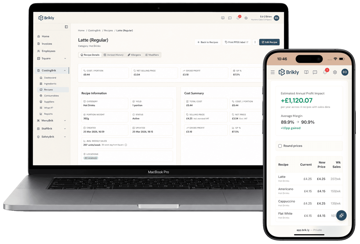CostingBrik showing a live recipe cost, selling price and gross profit
